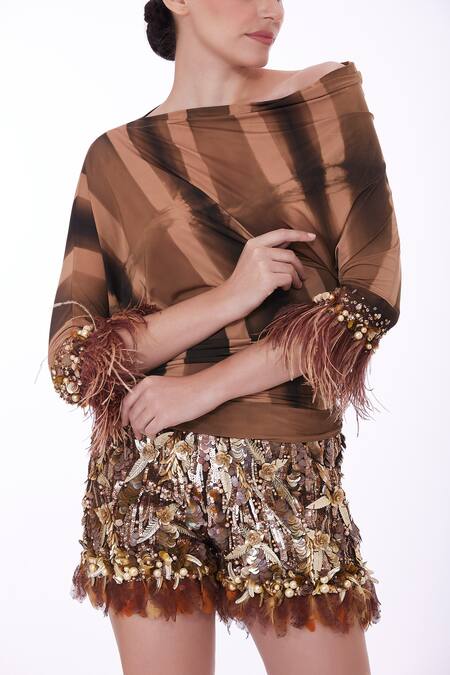 Buy_Dilnaz_Brown Lycra Pearls One Shoulder Striped Pleated Draped Top _Online_at_Aza_Fashions