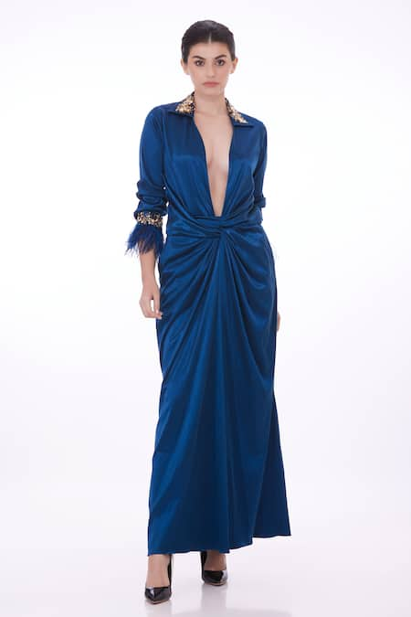 DILNAZ Sequin Embroidered Collar Draped Gown 