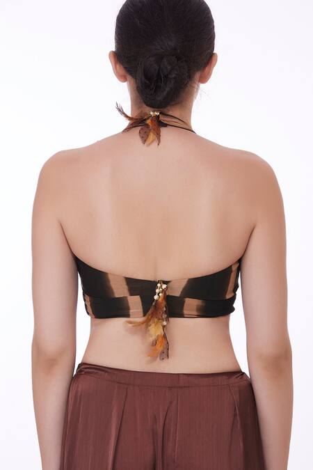 Shop_Dilnaz_Brown Lycra Tie-dyed Stripe Pattern Halter Neck Blouse _at_Aza_Fashions