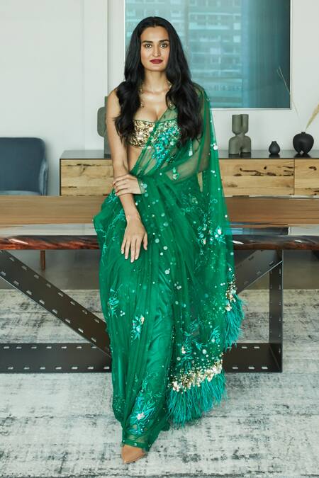 Buy_Dilnaz_Emerald Green Net Hand Embroidered Floral Applique Sweetheart Neck Blouse_Online_at_Aza_Fashions