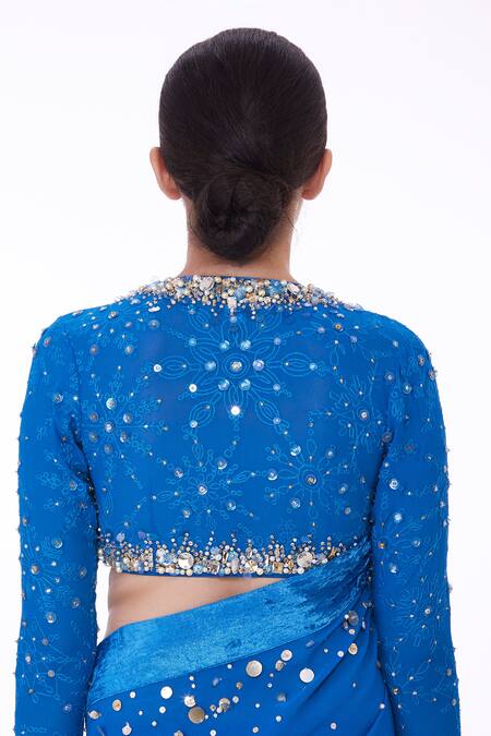 Shop Dilnaz Blue Georgette Hand Embroidered Thread Plunged V Neck And Crystal Blouse at Aza Fashions Shop_Dilnaz_Blue Georgette Hand Embroidered Thread Plunged V Neck And Crystal Blouse_at_Aza_Fashions