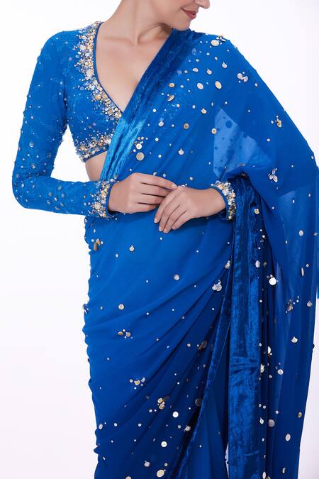 Dilnaz Blue Georgette Hand Embroidered Thread Plunged V Neck And Crystal Blouse Online at Aza Fashions Dilnaz_Blue Georgette Hand Embroidered Thread Plunged V Neck And Crystal Blouse_Online_at_Aza_Fashions