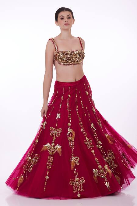 Dilnaz_Red Net, Polyester Pearls, Feathers, Butterfly Sequin Embroidered Lehenga Skirt_Online_at_Aza_Fashions