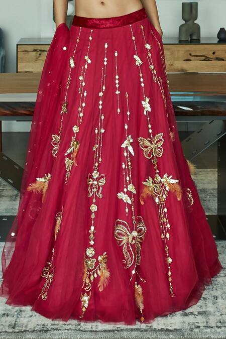 Buy_Dilnaz_Red Net, Polyester Pearls, Feathers, Butterfly Sequin Embroidered Lehenga Skirt_Online_at_Aza_Fashions
