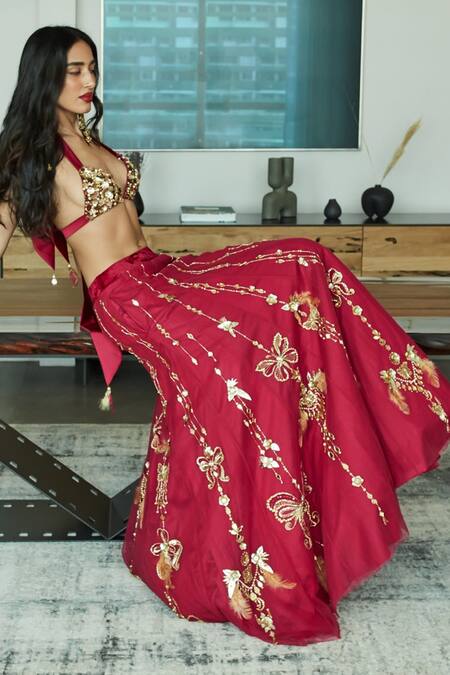 Dilnaz_Red Net, Polyester Pearls, Feathers, Butterfly Sequin Embroidered Lehenga Skirt_at_Aza_Fashions