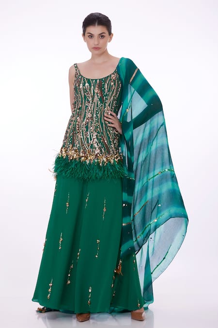 DILNAZ Emerald Green Stretch Net Hand Embroidered Sequin Kurta Sharara Set  