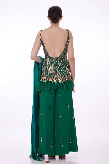 Shop Dilnaz Emerald Green Stretch Net Hand Embroidered Sequin Kurta Sharara Set at Aza Fashions Shop_Dilnaz_Emerald Green Stretch Net Hand Embroidered Sequin Kurta Sharara Set _at_Aza_Fashions