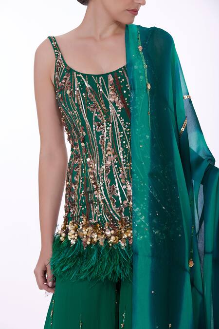 Dilnaz Emerald Green Stretch Net Hand Embroidered Sequin Kurta Sharara Set Online at Aza Fashions Dilnaz_Emerald Green Stretch Net Hand Embroidered Sequin Kurta Sharara Set _Online_at_Aza_Fashions