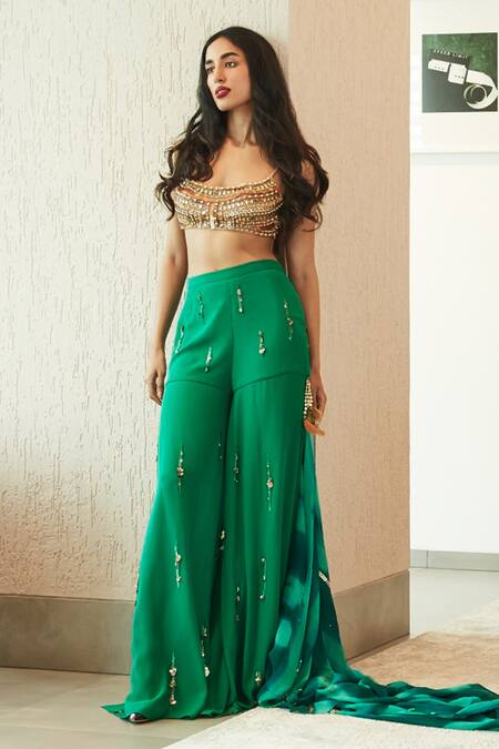 Dilnaz Emerald Green Stretch Net Hand Embroidered Sequin Kurta Sharara Set at Aza Fashions Dilnaz_Emerald Green Stretch Net Hand Embroidered Sequin Kurta Sharara Set _at_Aza_Fashions