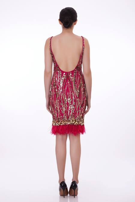 Shop Dilnaz Red Stretch Net Hand Embroidered Feather Deep Sequin Flapper Dress at Aza Fashions Shop_Dilnaz_Red Stretch Net Hand Embroidered Feather Deep Sequin Flapper Dress _at_Aza_Fashions