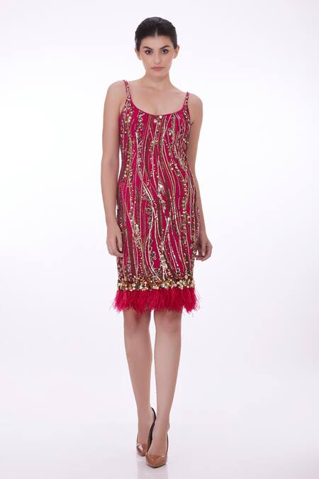 Dilnaz Red Stretch Net Hand Embroidered Feather Deep Sequin Flapper Dress Online at Aza Fashions Dilnaz_Red Stretch Net Hand Embroidered Feather Deep Sequin Flapper Dress _Online_at_Aza_Fashions