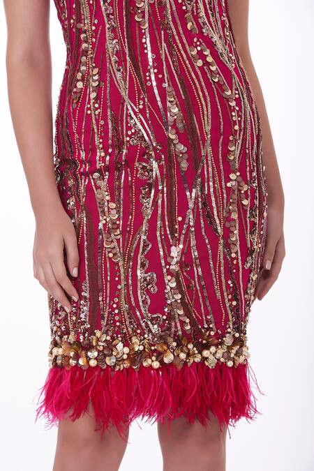 Buy Dilnaz Red Stretch Net Hand Embroidered Feather Deep Sequin Flapper Dress Online at Aza Fashions Buy_Dilnaz_Red Stretch Net Hand Embroidered Feather Deep Sequin Flapper Dress _Online_at_Aza_Fashions