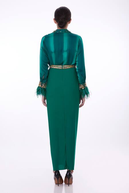 Shop_Dilnaz_Emerald Green Blended Satin Tie-dyed And Hand Embroidered Stripe Shirt  _at_Aza_Fashions