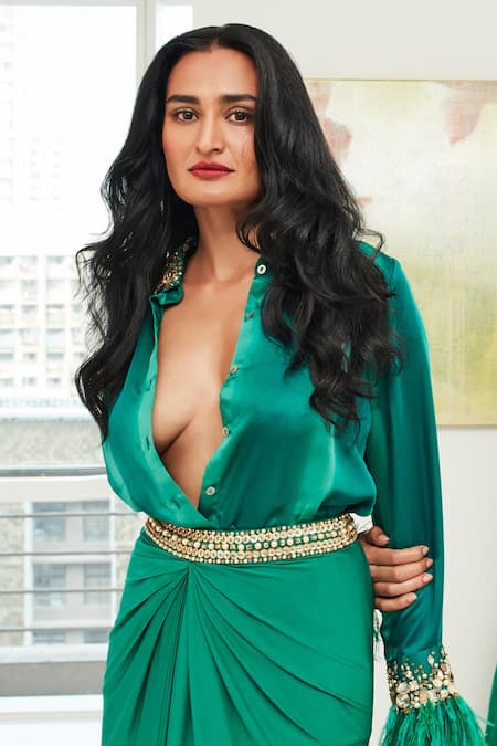 Buy_Dilnaz_Emerald Green Blended Satin Tie-dyed And Hand Embroidered Stripe Shirt  _Online_at_Aza_Fashions
