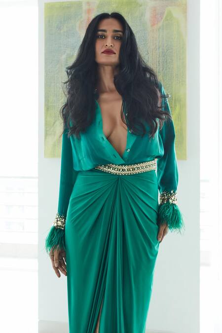 Dilnaz_Emerald Green Blended Satin Tie-dyed And Hand Embroidered Stripe Shirt  _at_Aza_Fashions