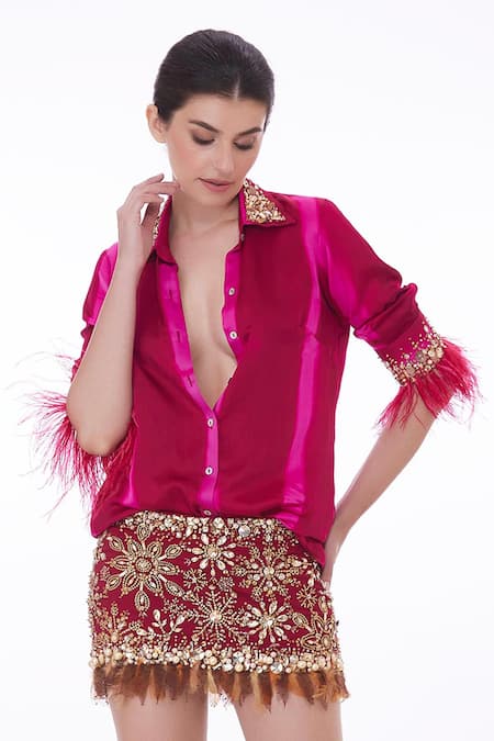 Dilnaz Red Blended Satin Tie-dyed And Hand Embroidered Stripe Pattern Shirt Online at Aza Fashions Dilnaz_Red Blended Satin Tie-dyed And Hand Embroidered Stripe Pattern Shirt _Online_at_Aza_Fashions