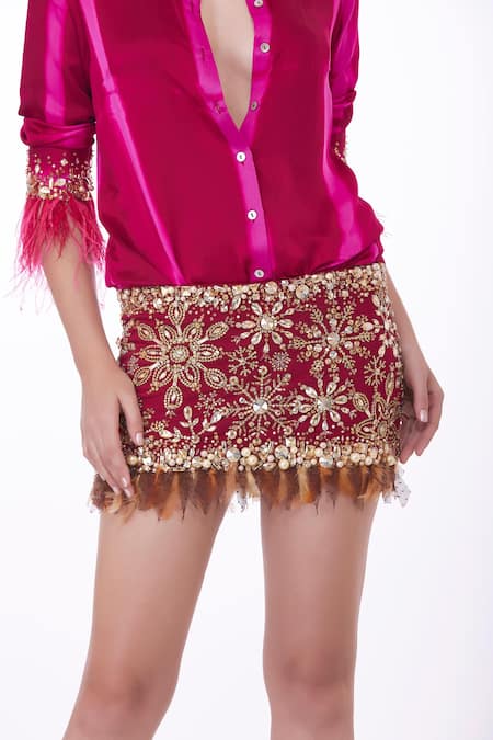 Buy Dilnaz Red Blended Satin Tie-dyed And Hand Embroidered Stripe Pattern Shirt Online at Aza Fashions Buy_Dilnaz_Red Blended Satin Tie-dyed And Hand Embroidered Stripe Pattern Shirt _Online_at_Aza_Fashions