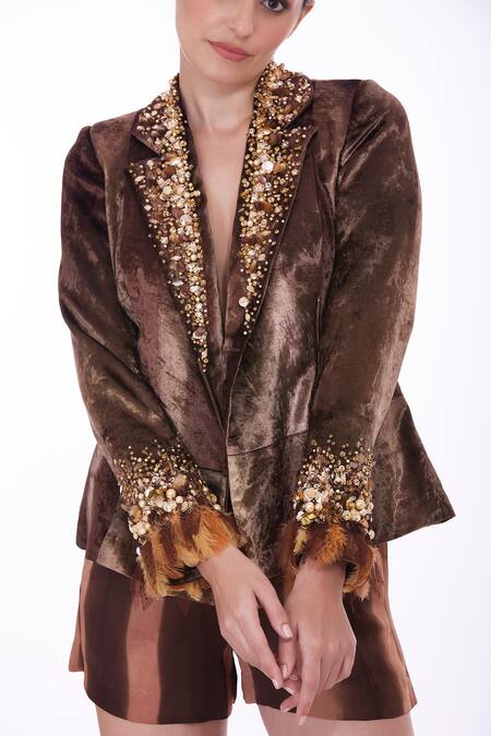 Buy Dilnaz Brown Blended Velvet Tie-dyed And Hand Embroidered Stripe Biker Jacket Online at Aza Fashions Buy_Dilnaz_Brown Blended Velvet Tie-dyed And Hand Embroidered Stripe Biker Jacket _Online_at_Aza_Fashions