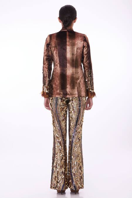 Shop_Dilnaz_Brown Blended Velvet Tie-dyed And Hand Embroidered Stripe Sleeve Jacket _at_Aza_Fashions