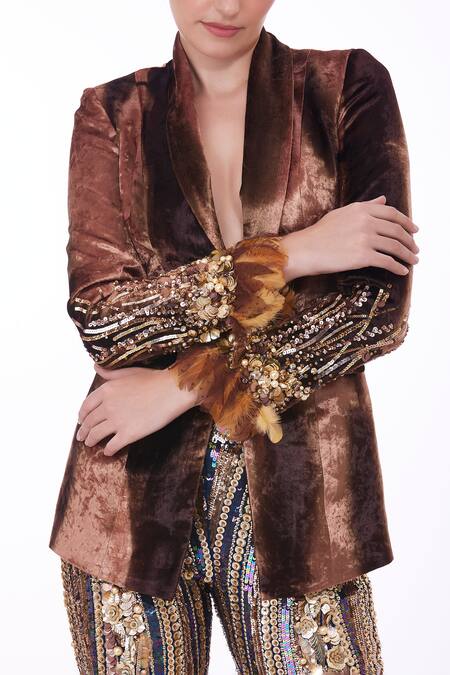 Dilnaz_Brown Blended Velvet Tie-dyed And Hand Embroidered Stripe Sleeve Jacket _Online_at_Aza_Fashions