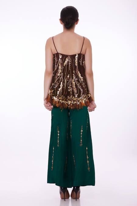 Shop Dilnaz Emerald Green Satin Linen Hand Embroidered Mirror And Diamante Trouser at Aza Fashions Shop_Dilnaz_Emerald Green Satin Linen Hand Embroidered Mirror And Diamante Trouser _at_Aza_Fashions