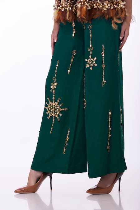 Dilnaz Emerald Green Satin Linen Hand Embroidered Mirror And Diamante Trouser Online at Aza Fashions Dilnaz_Emerald Green Satin Linen Hand Embroidered Mirror And Diamante Trouser _Online_at_Aza_Fashions