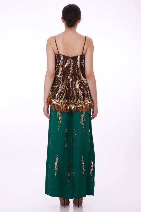 Shop Dilnaz Emerald Green Satin Linen Hand Embroidered Sequin And Pearl Trouser at Aza Fashions Shop_Dilnaz_Emerald Green Satin Linen Hand Embroidered Sequin And Pearl Trouser _at_Aza_Fashions