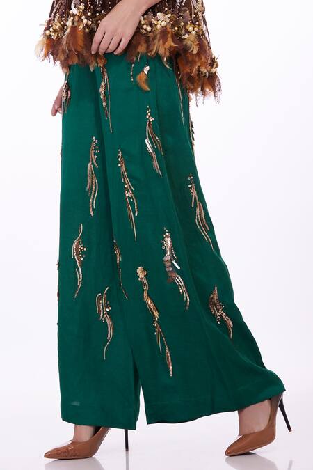Dilnaz Emerald Green Satin Linen Hand Embroidered Sequin And Pearl Trouser Online at Aza Fashions Dilnaz_Emerald Green Satin Linen Hand Embroidered Sequin And Pearl Trouser _Online_at_Aza_Fashions