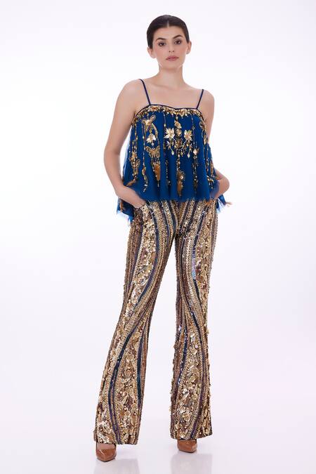 Dilnaz_Blue Stretch Net Hand Embroidered Floral Applique Sequin And Trouser _Online_at_Aza_Fashions