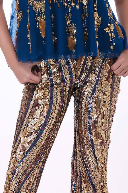 Buy_Dilnaz_Blue Stretch Net Hand Embroidered Floral Applique Sequin And Trouser _Online_at_Aza_Fashions