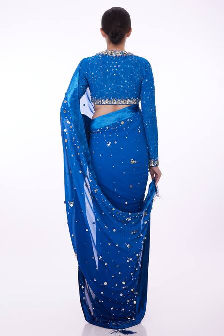 Shop_Dilnaz_Blue Georgette And Polyester Satin Hand Embroidered Sequin Ombre Saree  _at_Aza_Fashions