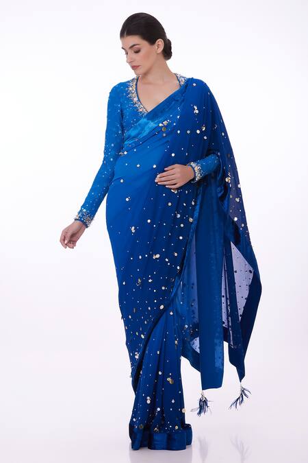 Dilnaz_Blue Georgette And Polyester Satin Hand Embroidered Sequin Ombre Saree  _Online_at_Aza_Fashions