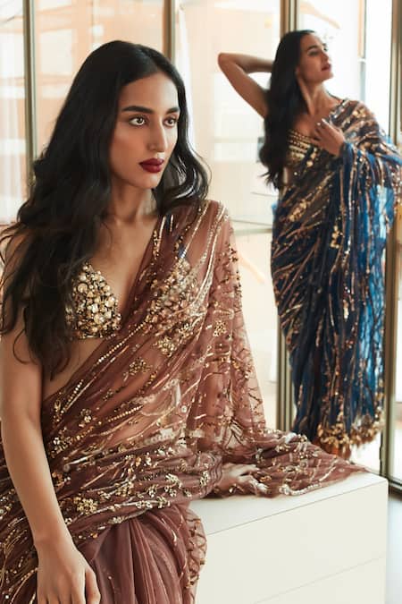 Shop_Dilnaz_Brown Net Hand Embroidered Sequin And Bead Work Abstract Saree  _Online_at_Aza_Fashions