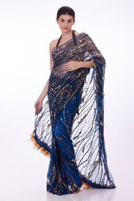 Dilnaz Blue Net, Polyester Sequins, Beads Embroidered Abstract Pattern Saree Online at Aza Fashions Dilnaz_Blue Net, Polyester Sequins, Beads Embroidered Abstract Pattern Saree_Online_at_Aza_Fashions