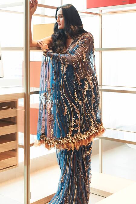 Shop Dilnaz Blue Net, Polyester Sequins, Beads Embroidered Abstract Pattern Saree Online at Aza Fashions Shop_Dilnaz_Blue Net, Polyester Sequins, Beads Embroidered Abstract Pattern Saree_Online_at_Aza_Fashions