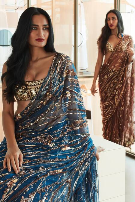 Dilnaz Blue Net, Polyester Sequins, Beads Embroidered Abstract Pattern Saree at Aza Fashions Dilnaz_Blue Net, Polyester Sequins, Beads Embroidered Abstract Pattern Saree_at_Aza_Fashions