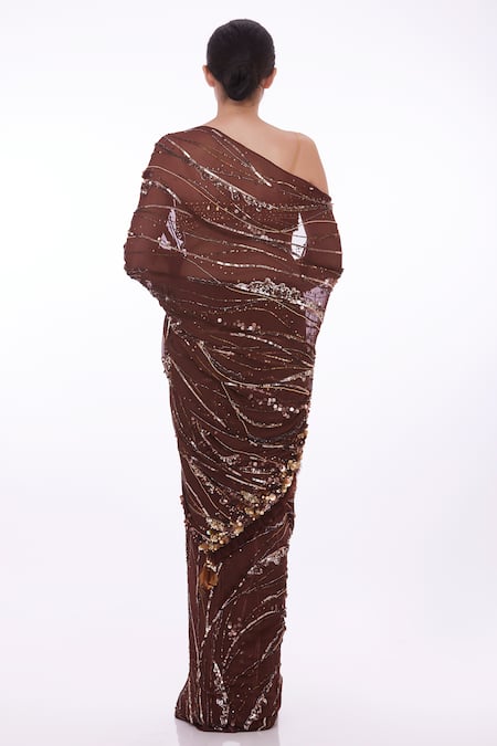 Shop_Dilnaz_Brown Chiffon Hand Embroidered Floral Sequin Work Abstract Pattern Saree _at_Aza_Fashions