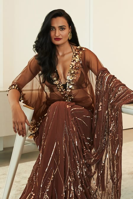 Shop_Dilnaz_Brown Chiffon Hand Embroidered Floral Sequin Work Abstract Pattern Saree _Online_at_Aza_Fashions