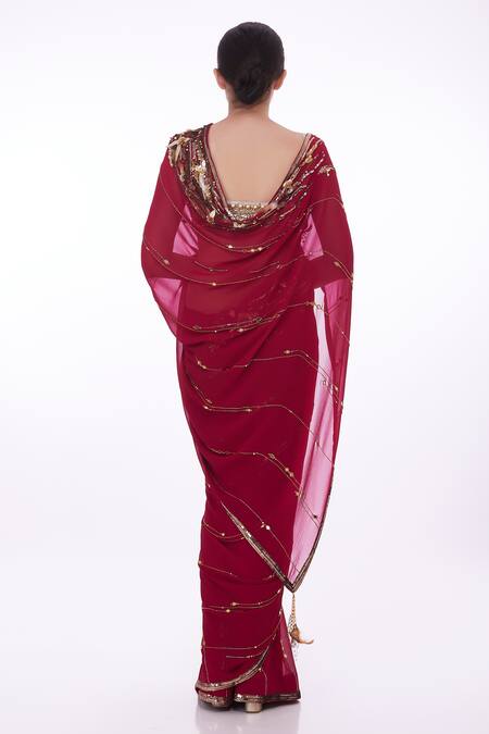 Shop Dilnaz Red Georgette Hand Embroidered Floral Mirror And Cut Dana Saree at Aza Fashions Shop_Dilnaz_Red Georgette Hand Embroidered Floral Mirror And Cut Dana Saree _at_Aza_Fashions