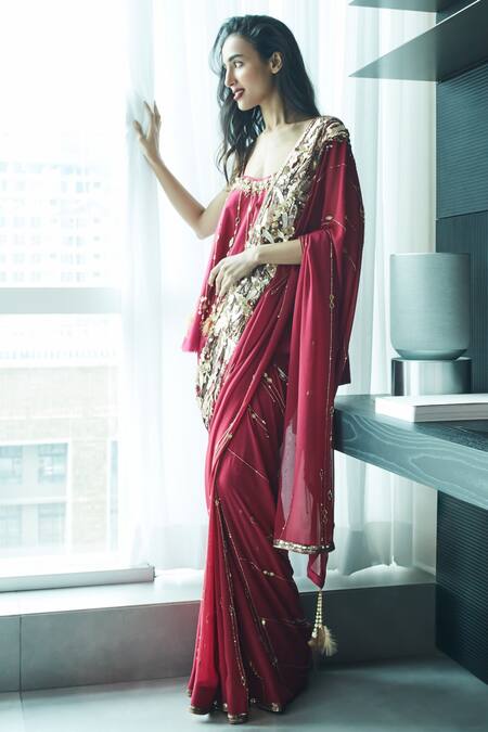 Dilnaz Red Georgette Hand Embroidered Floral Mirror And Cut Dana Saree Online at Aza Fashions Dilnaz_Red Georgette Hand Embroidered Floral Mirror And Cut Dana Saree _Online_at_Aza_Fashions