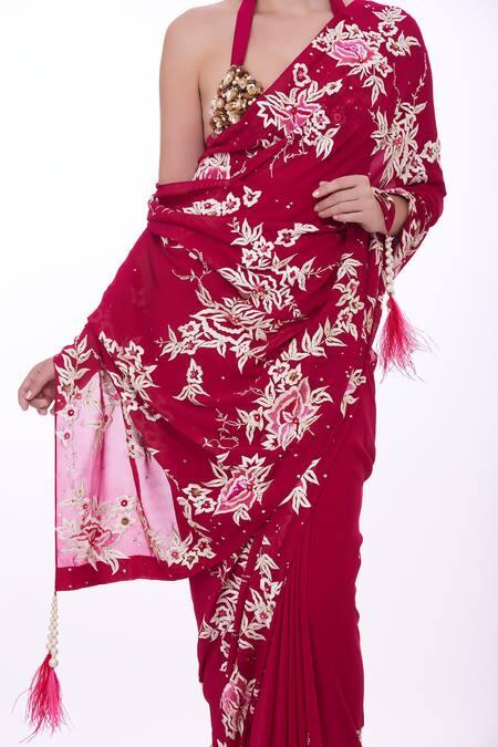 Shop_Dilnaz_Red Georgette, Polyester Sequins, Beads, Gara Flower Thread Embroidered Saree _at_Aza_Fashions