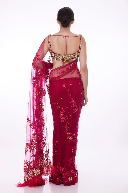 Shop Dilnaz Red Net, Polyester Feathers, Crystals, Thread Embroidered Gara Flowers Saree at Aza Fashions Shop_Dilnaz_Red Net, Polyester Feathers, Crystals, Thread Embroidered Gara Flowers Saree_at_Aza_Fashions