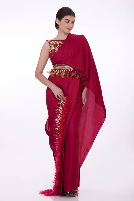 Buy Dilnaz Red Satin, Net, Polyester, Lace Embroidered Pre-draped Saree And Blouse Set Online at Aza Fashions Buy_Dilnaz_Red Satin, Net, Polyester, Lace Embroidered Pre-draped Saree And Blouse Set_Online_at_Aza_Fashions