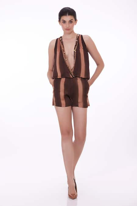 DILNAZ Striped Embroidered Yoke Romper 