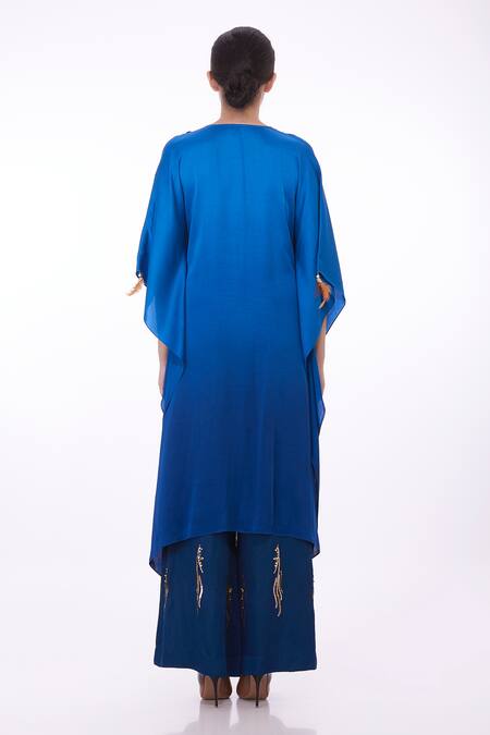 Shop Dilnaz Blue Satin Sequins, Zari Plunge Neck Neckline Embroidered Draped Kaftan at Aza Fashions Shop_Dilnaz_Blue Satin Sequins, Zari Plunge Neck Neckline Embroidered Draped Kaftan_at_Aza_Fashions