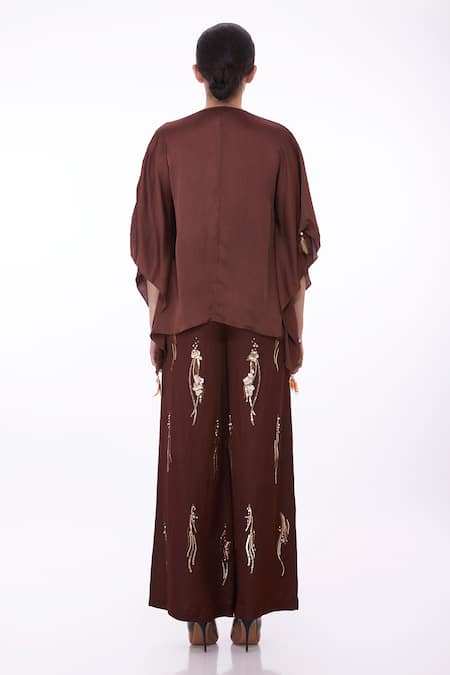 Shop_DILNAZ_Brown Satin V-neck Solid Draped Kaftan _at_Aza_Fashions