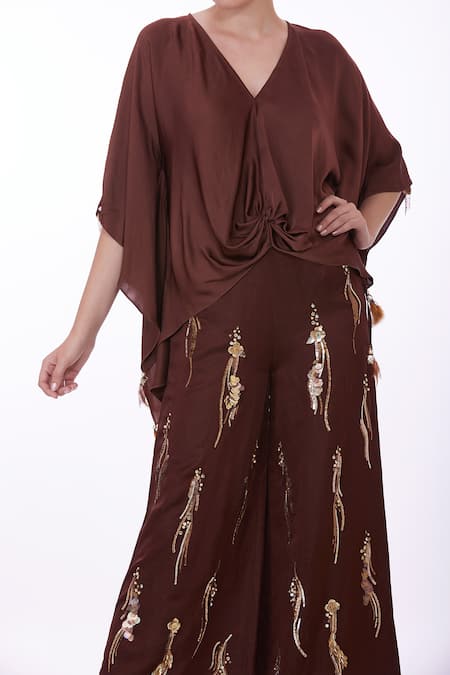 DILNAZ_Brown Satin V-neck Solid Draped Kaftan _Online_at_Aza_Fashions