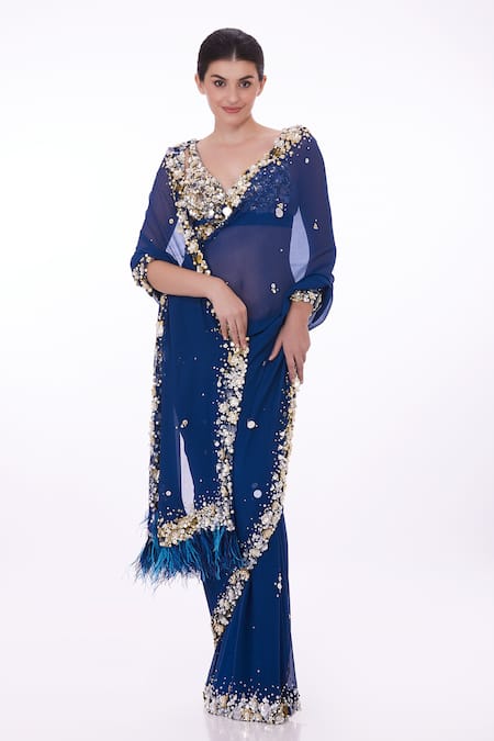 Dilnaz_Blue Chiffon, Polyester Sequins, Beads, Feathers Border Embellished Saree _Online_at_Aza_Fashions