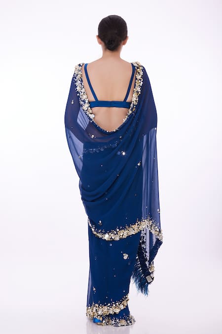 Buy_Dilnaz_Blue Chiffon, Polyester Sequins, Beads, Feathers Border Embellished Saree _Online_at_Aza_Fashions