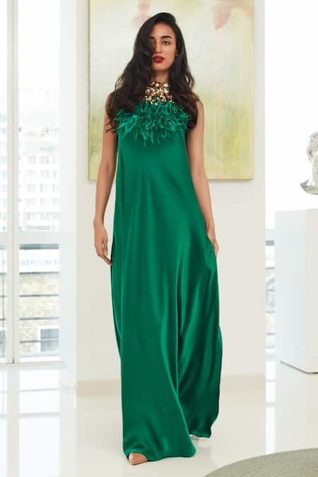 DILNAZ Emerald Green Cotton Satin Embellished Feather Round Neckline Gown 